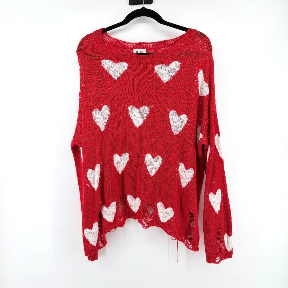 BiBi Sweater Heart‎ Print Distressed Medium Red Womens Oversized Valentine Boho